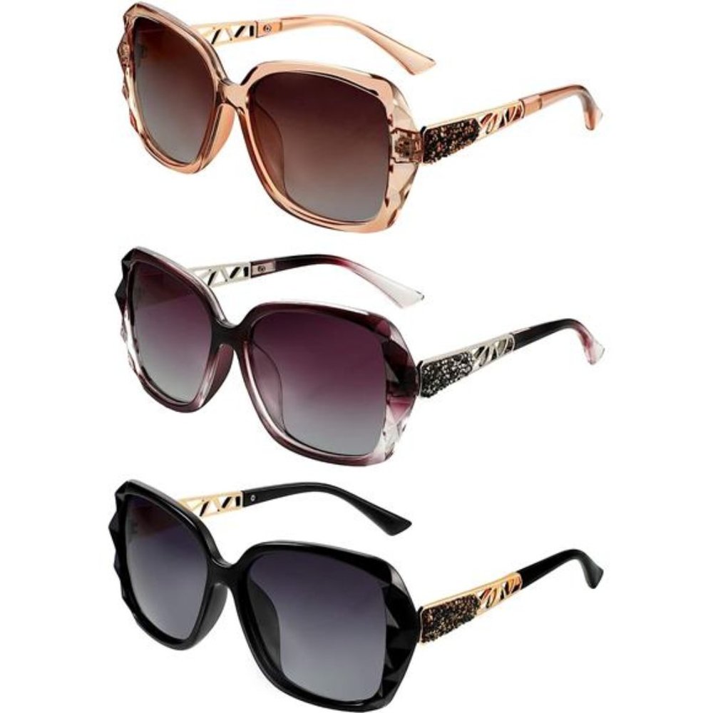 3 Pack Women Polarized Oversized Sunglasses Shiny Composite Frame Sunglasses